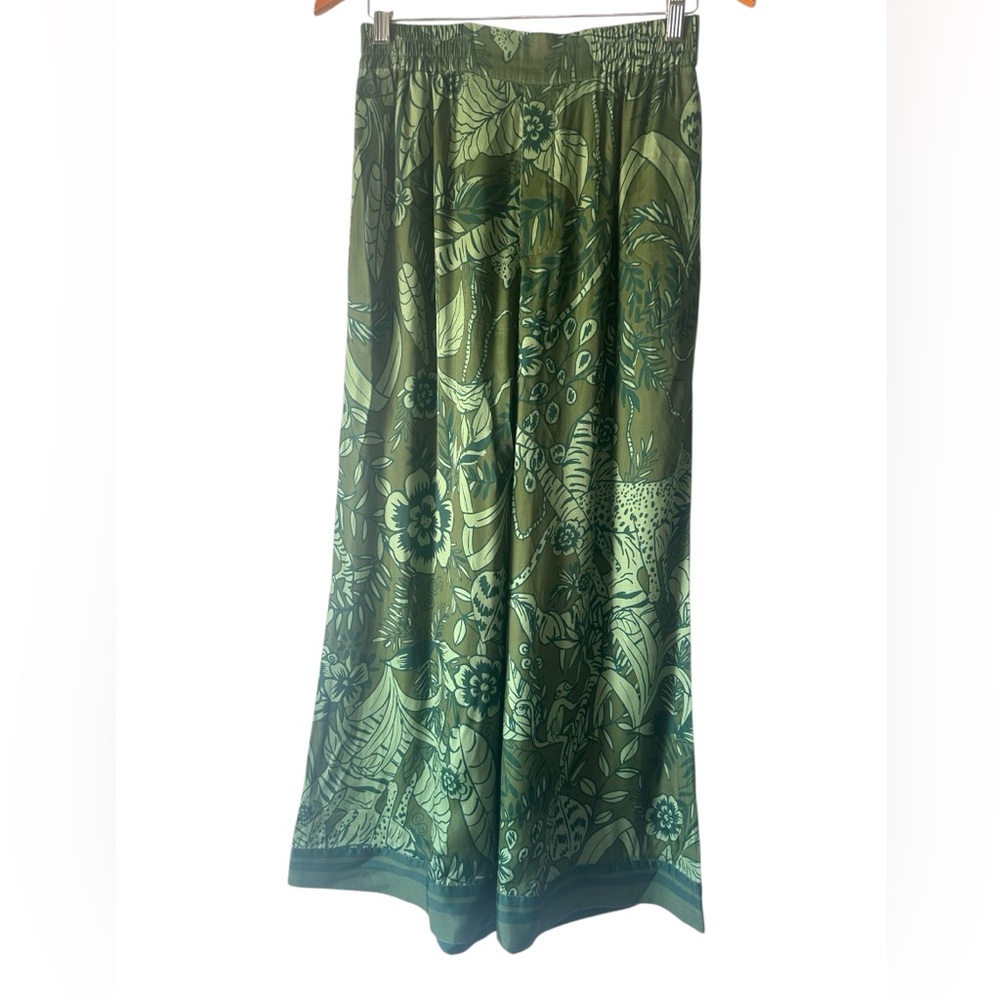 Farm Rio x Anthropologie Satin Tropical Green Wide Leg Pants | S - Picture 5 of 8